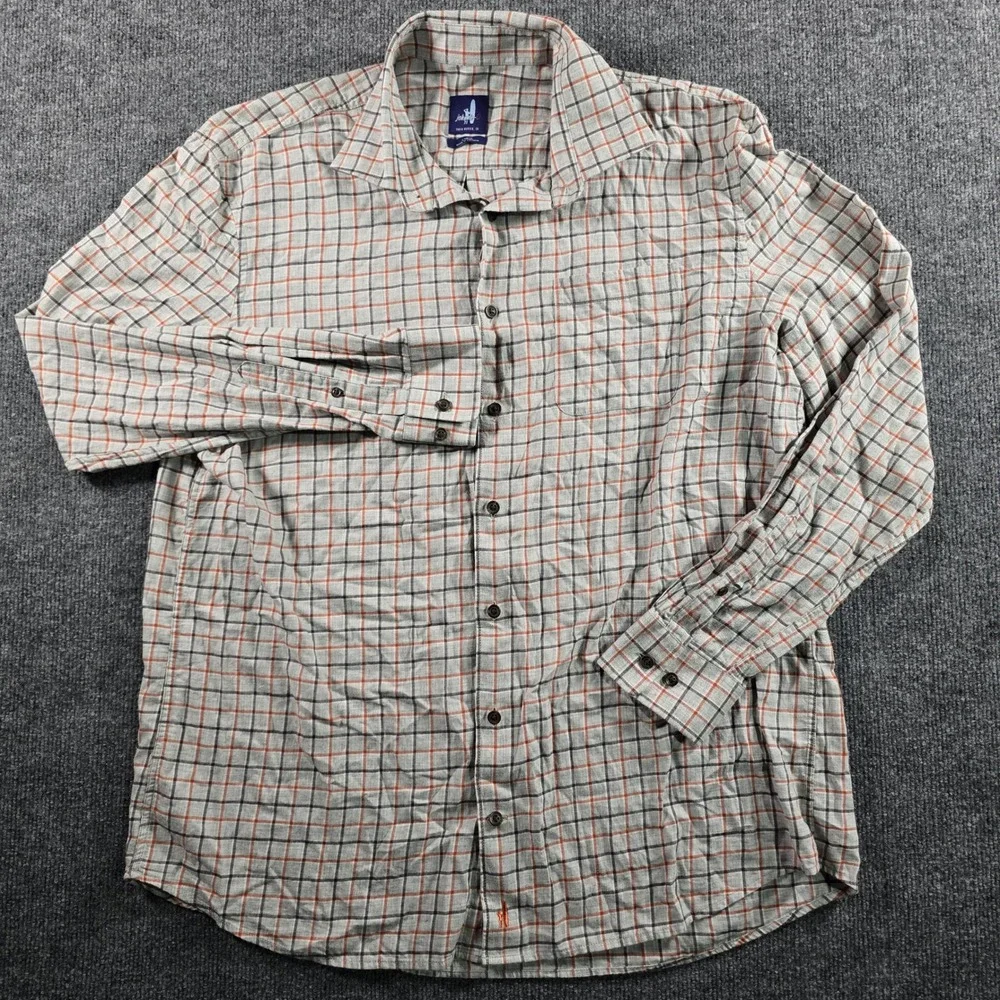 Johnnie-O Mens Large Plaid Button Down Shirt Gray Orange Long Sleeve Surfer Logo